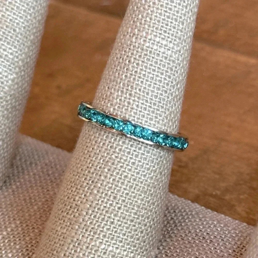 Blue Zircon Colored CZ Stainless Steel Eternity Band Ring December Birthstone - Picture 4 of 7